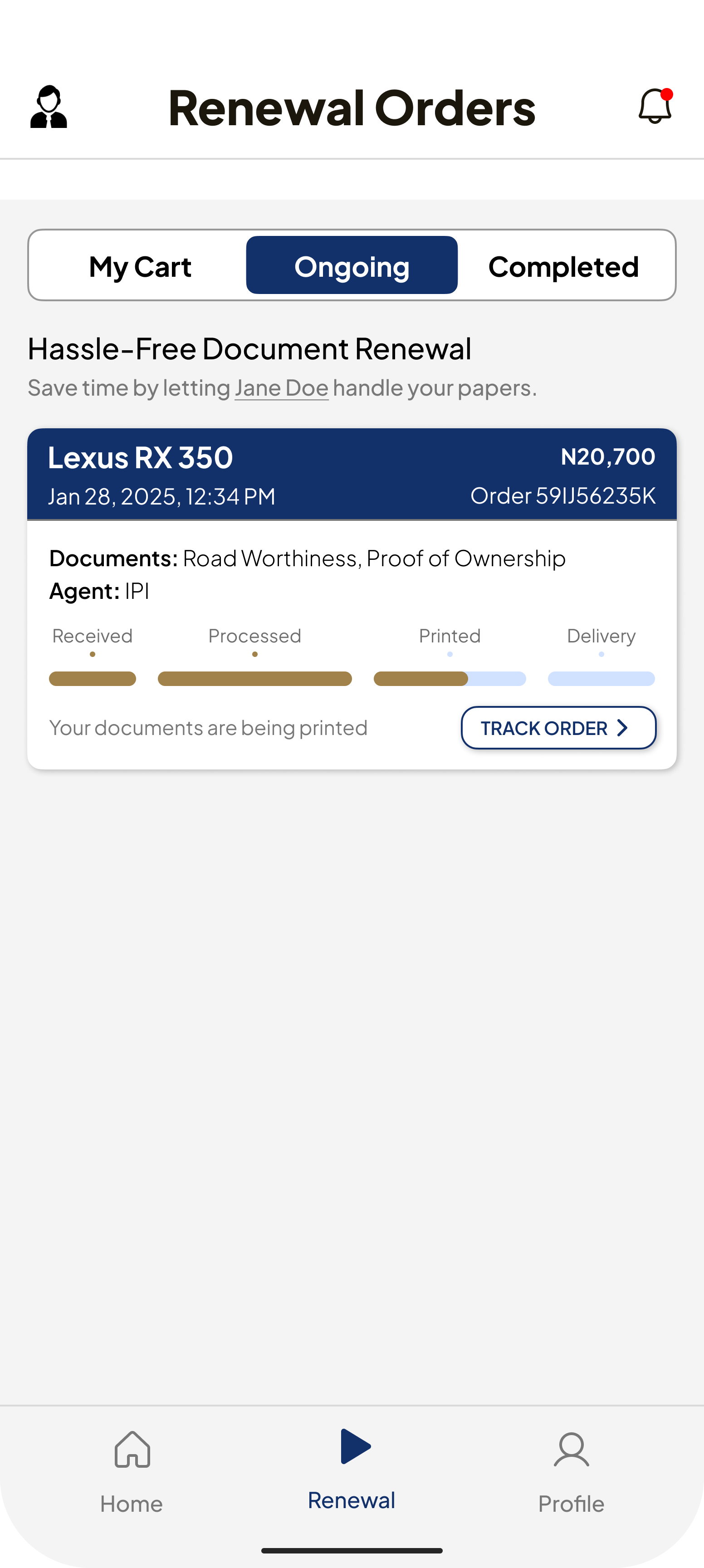 Renewal order with live tracking