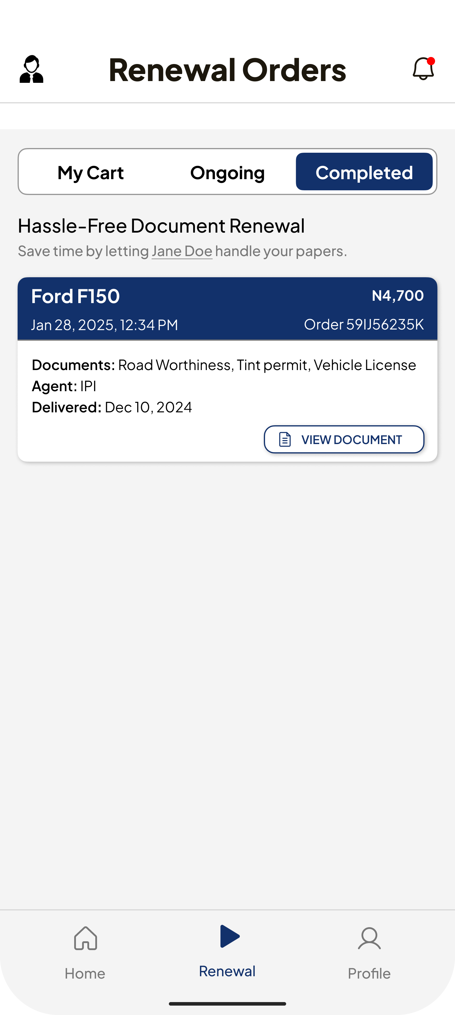 AutoDrive completed renewal order — view document