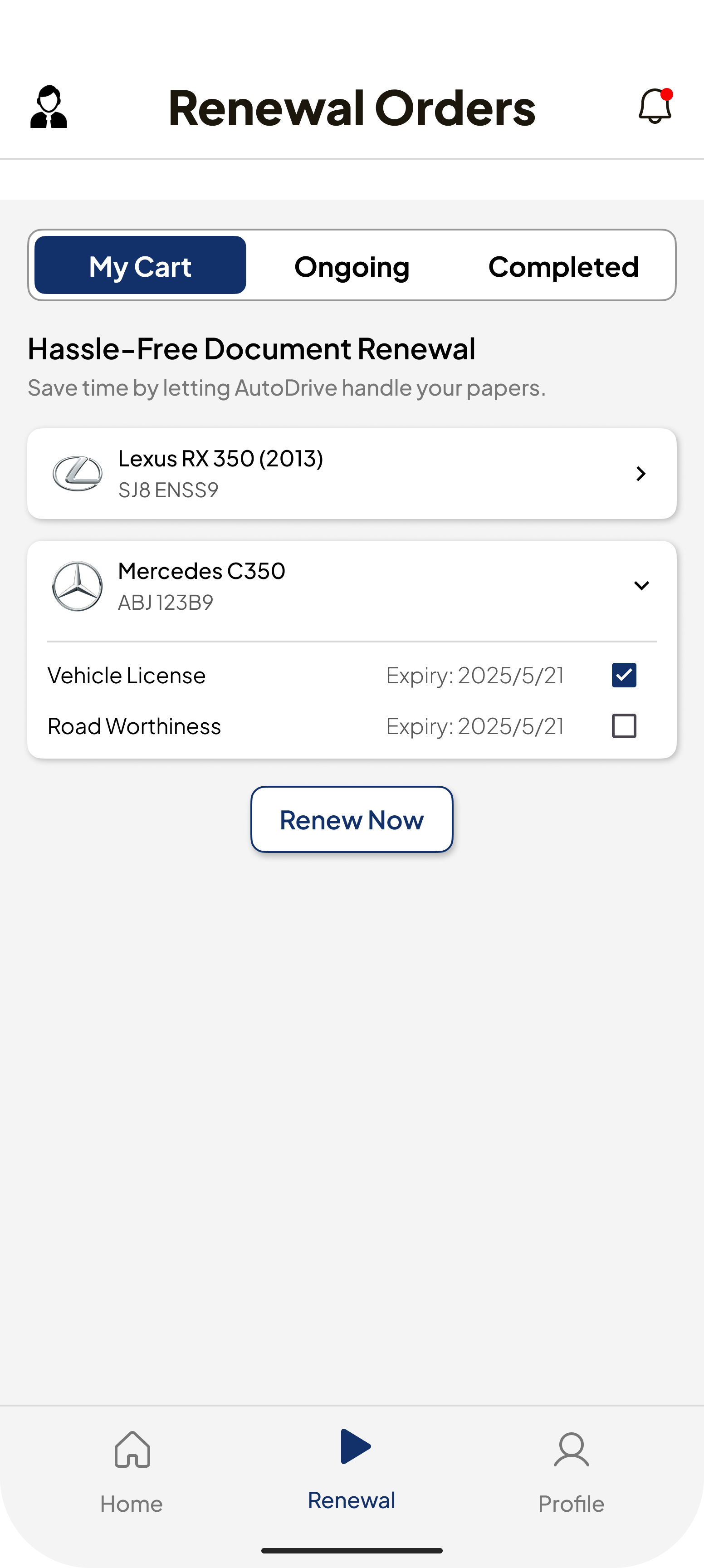 AutoDrive renewal cart — select documents per car